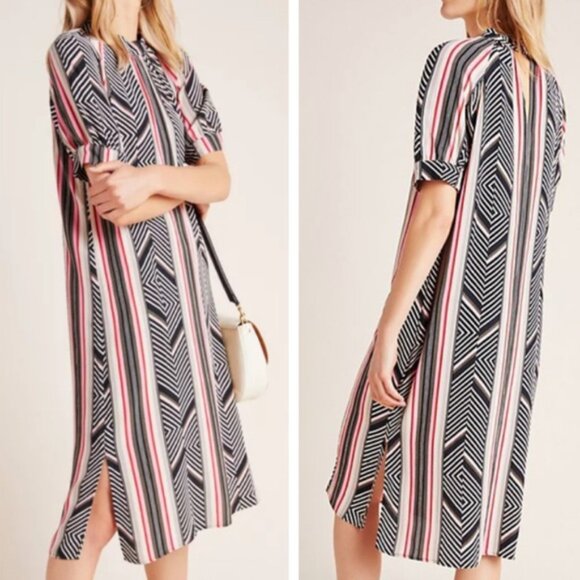 Anthropologie Geometric Pattern Striped Midi Dress with High Neck -NWT - Picture 1 of 14